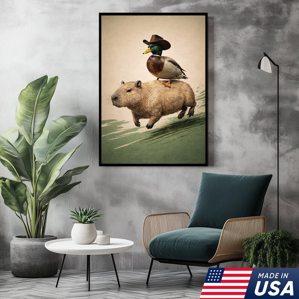 Whimsical Cowboy Duck Riding Capybara Canvas Wall Art, Surreal Animal Adventure Painting