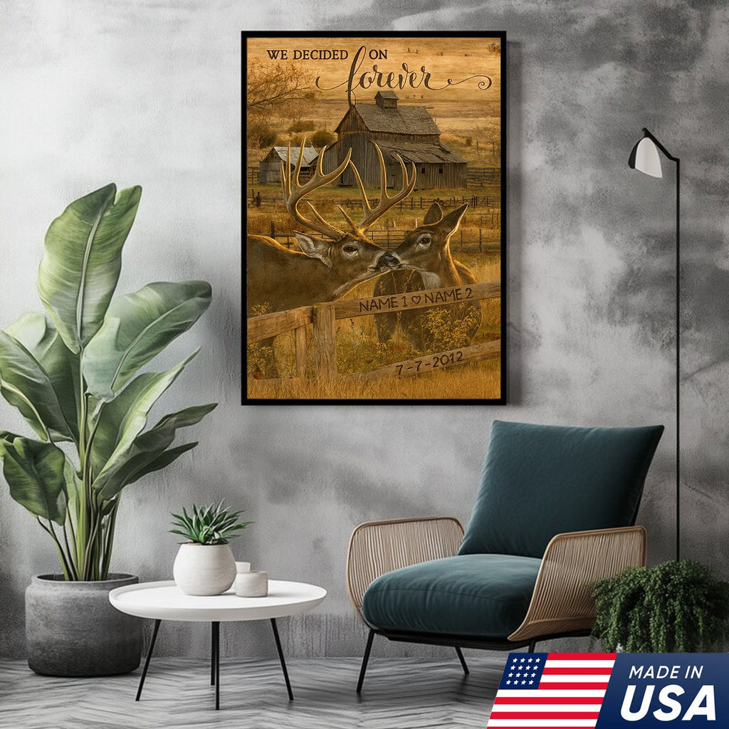 Rustic Deer Couple Canvas Art – Personalized Farmhouse Buck & Doe Kissing Scene