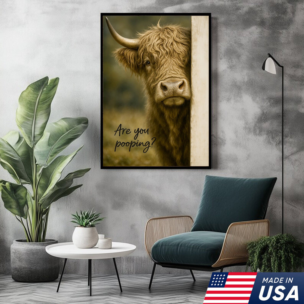 Highland Cow Bathroom Wall Art, Funny “Are You Pooping?” Farmhouse Canvas