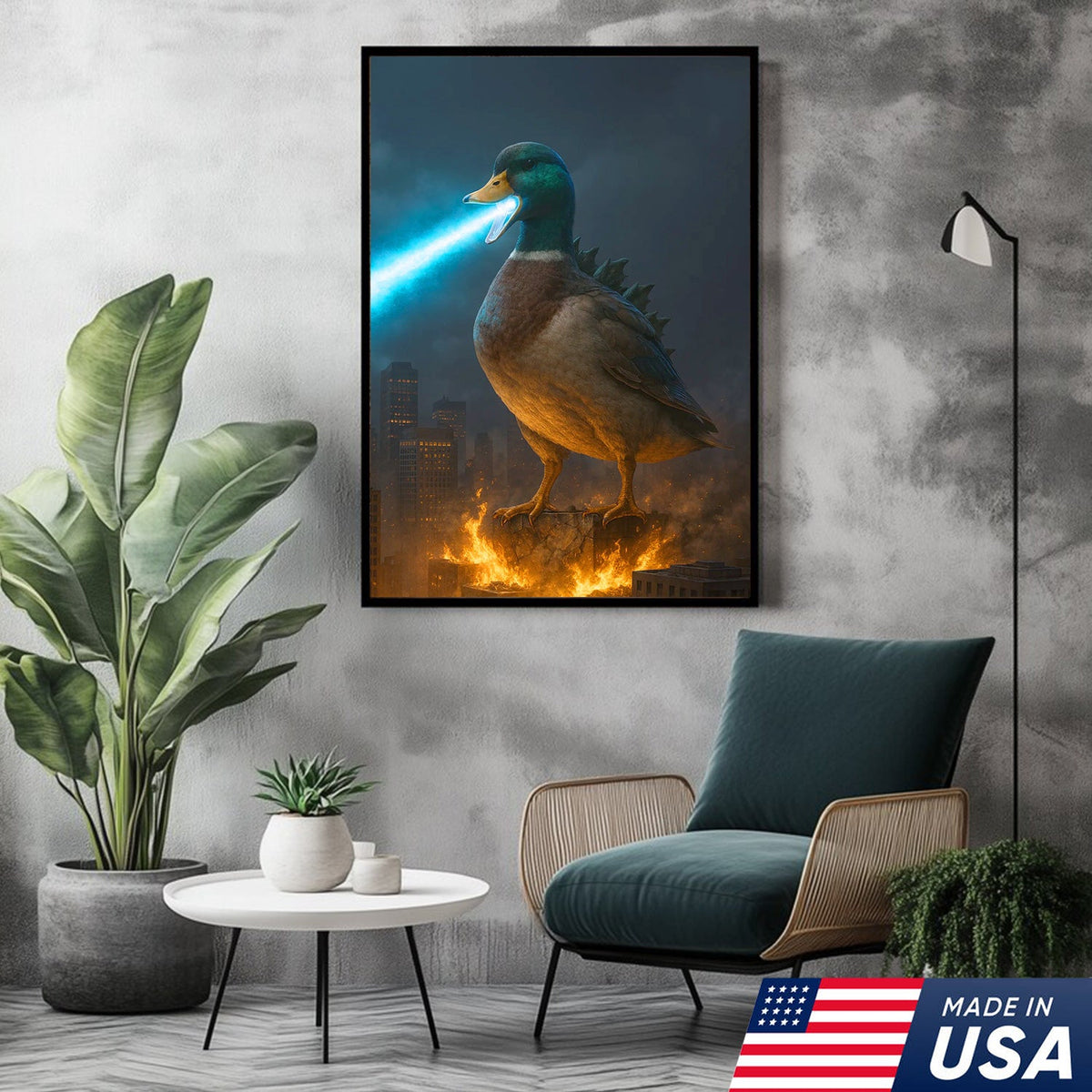 Duckzilla Canvas – Epic Monster Duck Breathing Blue Fire Over City, Funny Kaiju Parody Wall Art
