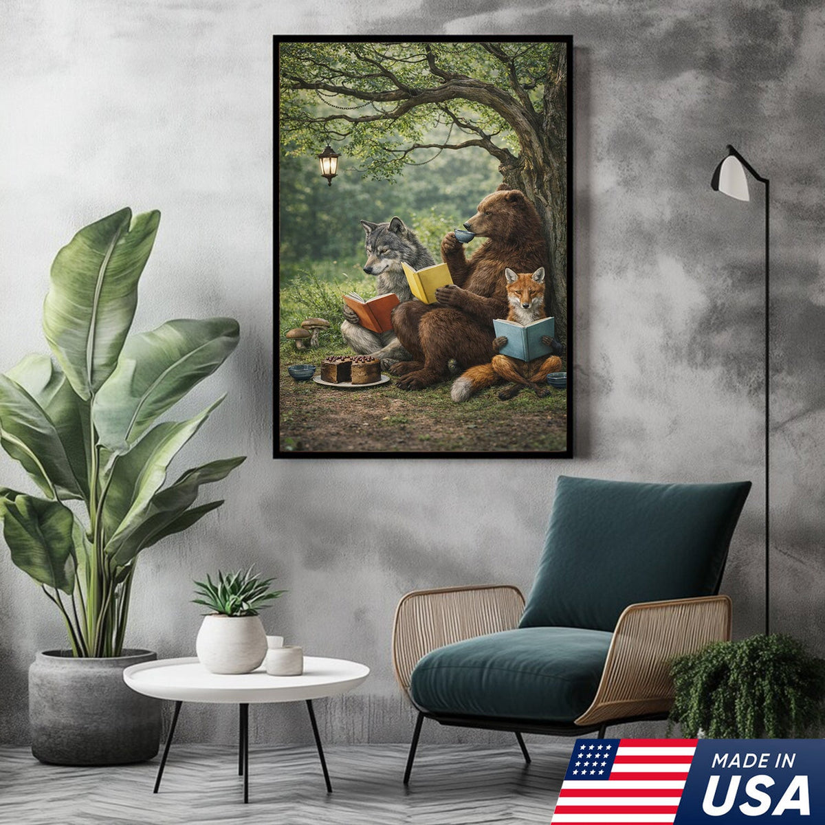 Whimsical Woodland Animals Reading Canvas Wall Art, Bear Wolf Fox Forest Storybook Decor
