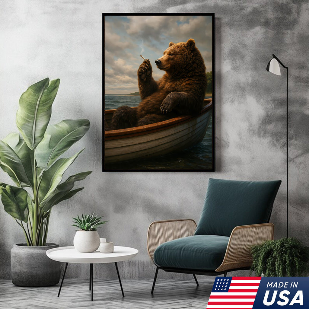 The Chill Bear on the Boat Wall Art Canvas – Funny Relaxed Wall Art for Men