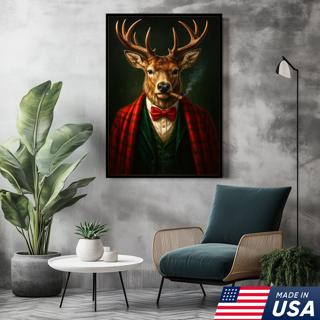Smoking Deer Wall Art, Gentleman Buck Portrait, Rustic Cabin Decor, Funny Cigar Deer Print