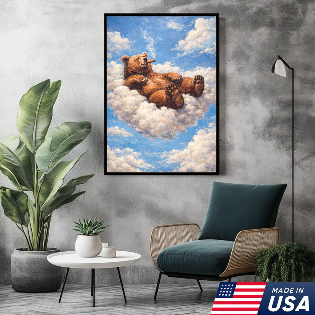 Relaxed Bear on Cloud Canvas Wall Art, Whimsical Animal Fantasy Illustration