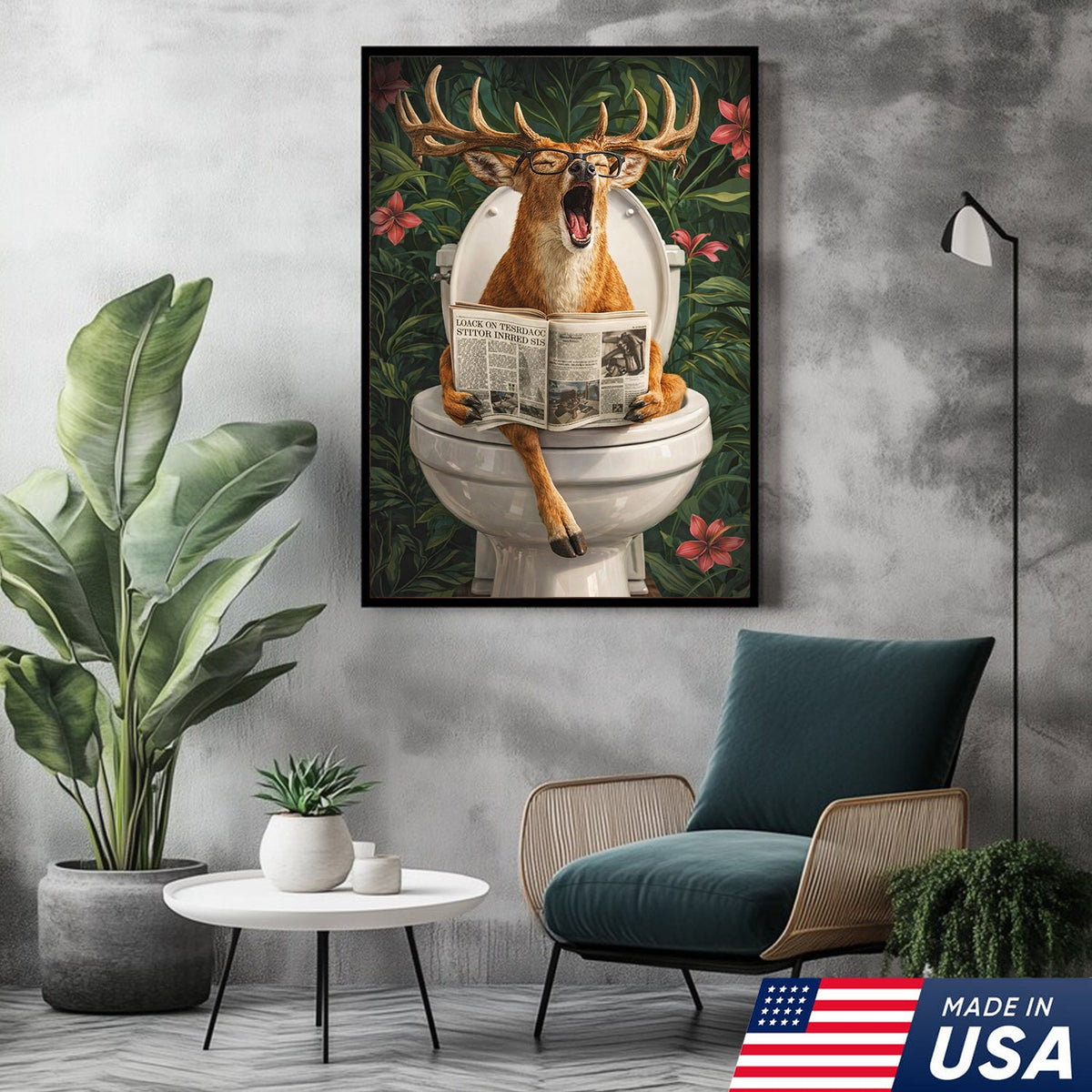 Funny Deer Toilet Canvas Wall Art – Humorous Animal Bathroom Decor with Newspaper
