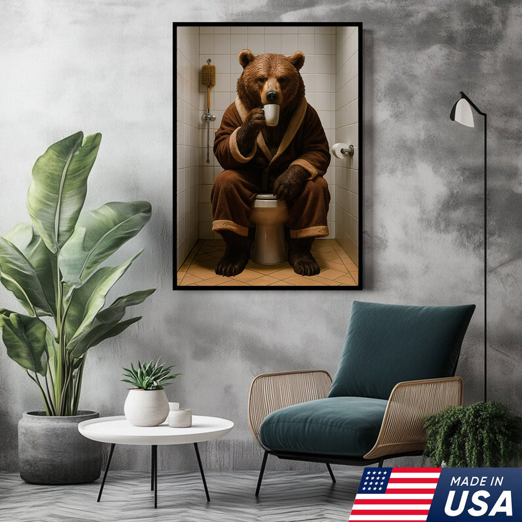Hilarious Bear Toilet Canvas Wall Art – Morning Coffee, Quirky Bathroom Humor