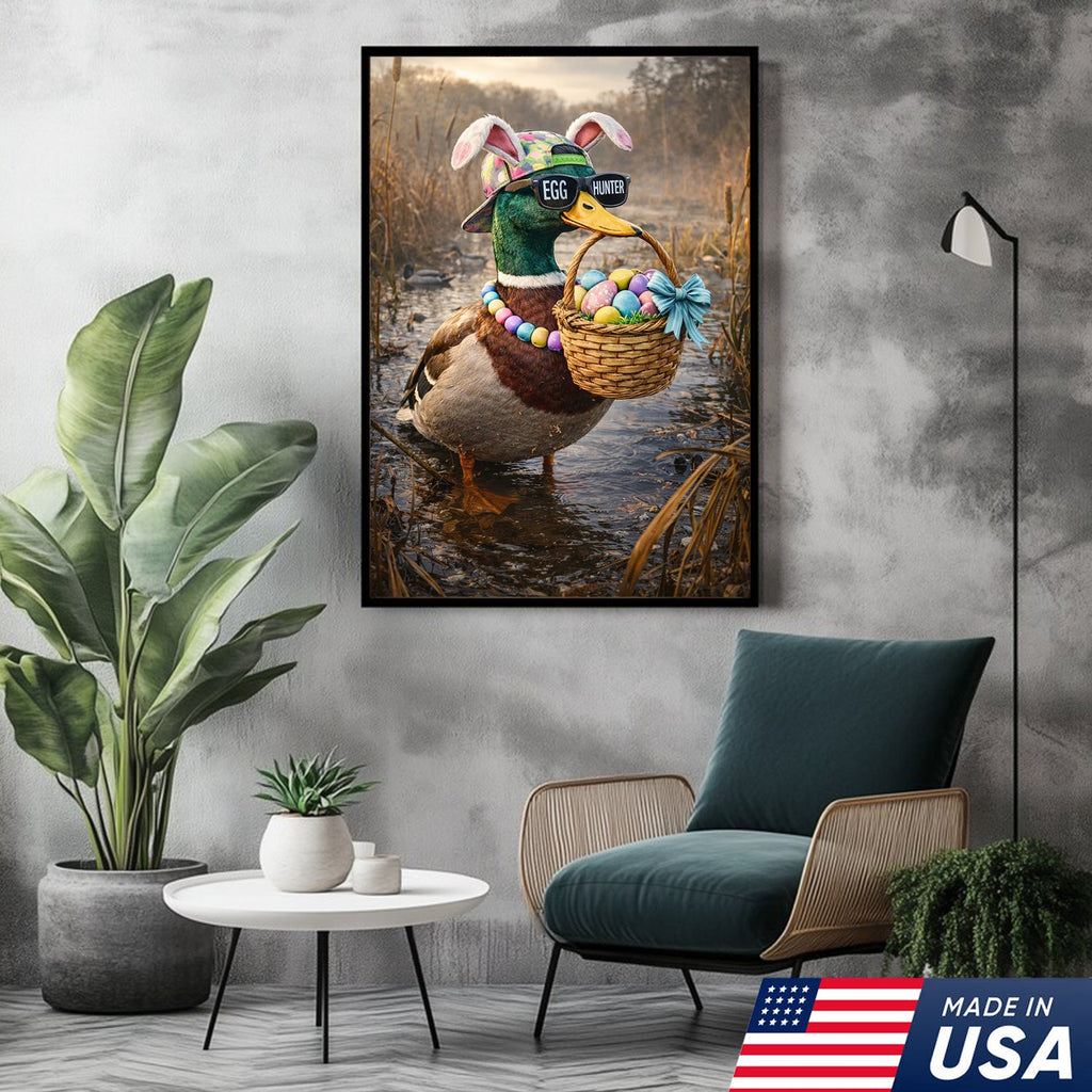Funny Easter Duck Canvas Wall Art, Egg Hunter Mallard with Basket Portrait