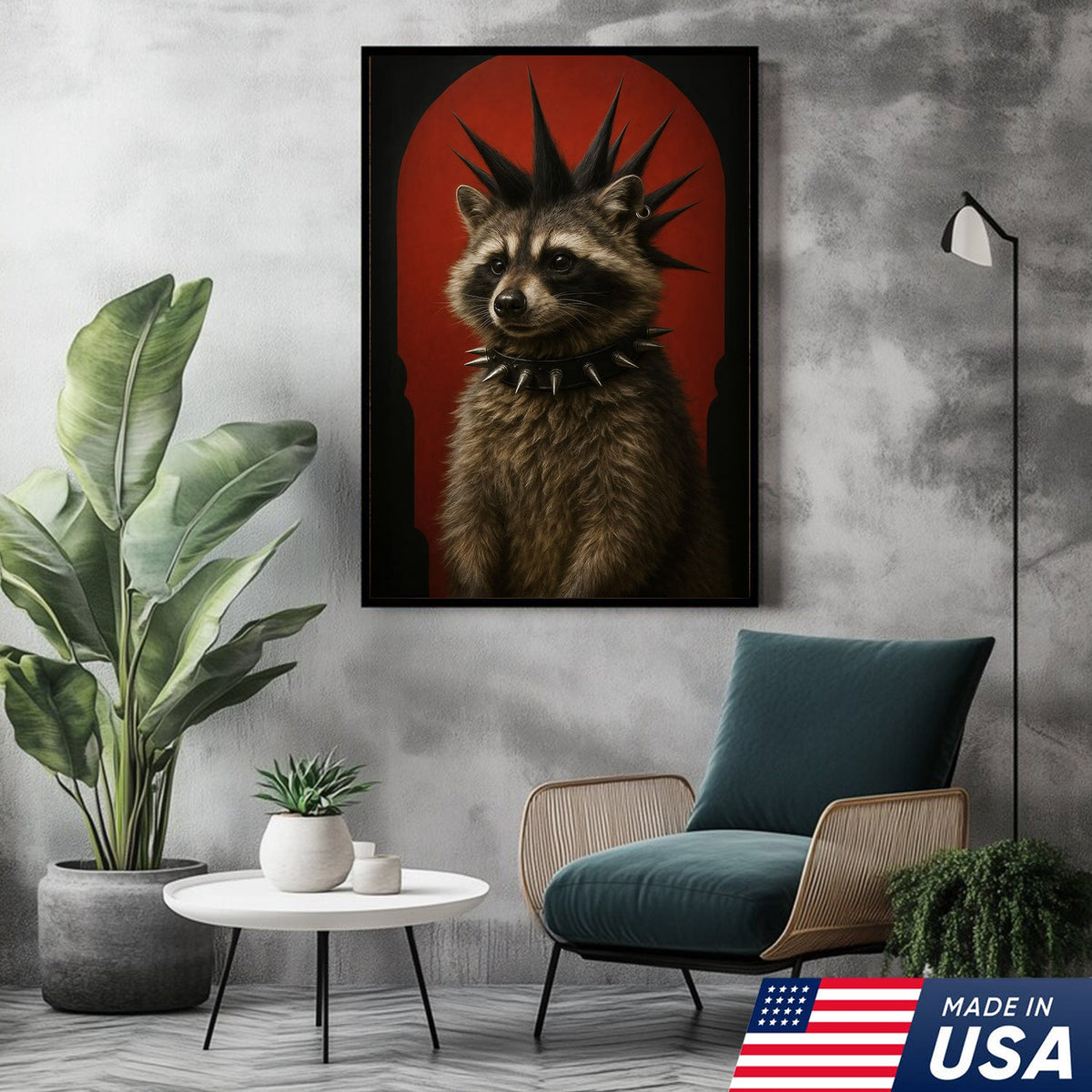 Punk Raccoon Canvas Wall Art, Spiked Mohawk Animal Portrait, Gothic Aesthetic Room Decor