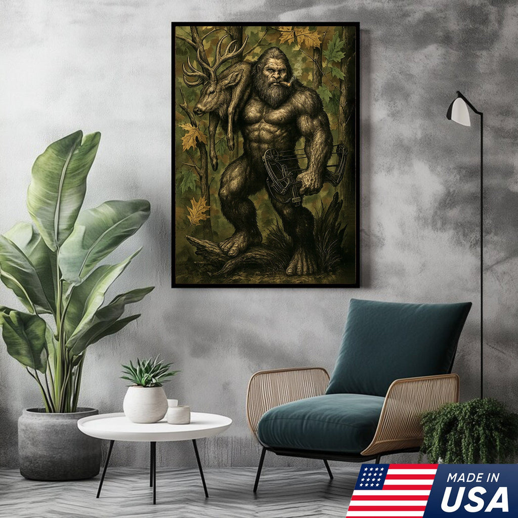 Bigfoot Hunter Canvas Wall Art, Mythical Sasquatch Bowhunting Deer Artwork