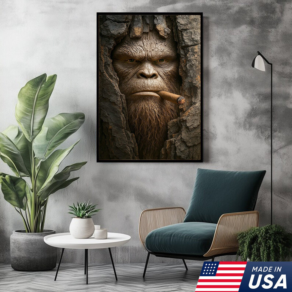 Bigfoot in the Woods Canvas Wall Art, Funny Sasquatch Portrait Artwork, Rustic Cabin Decor for Men
