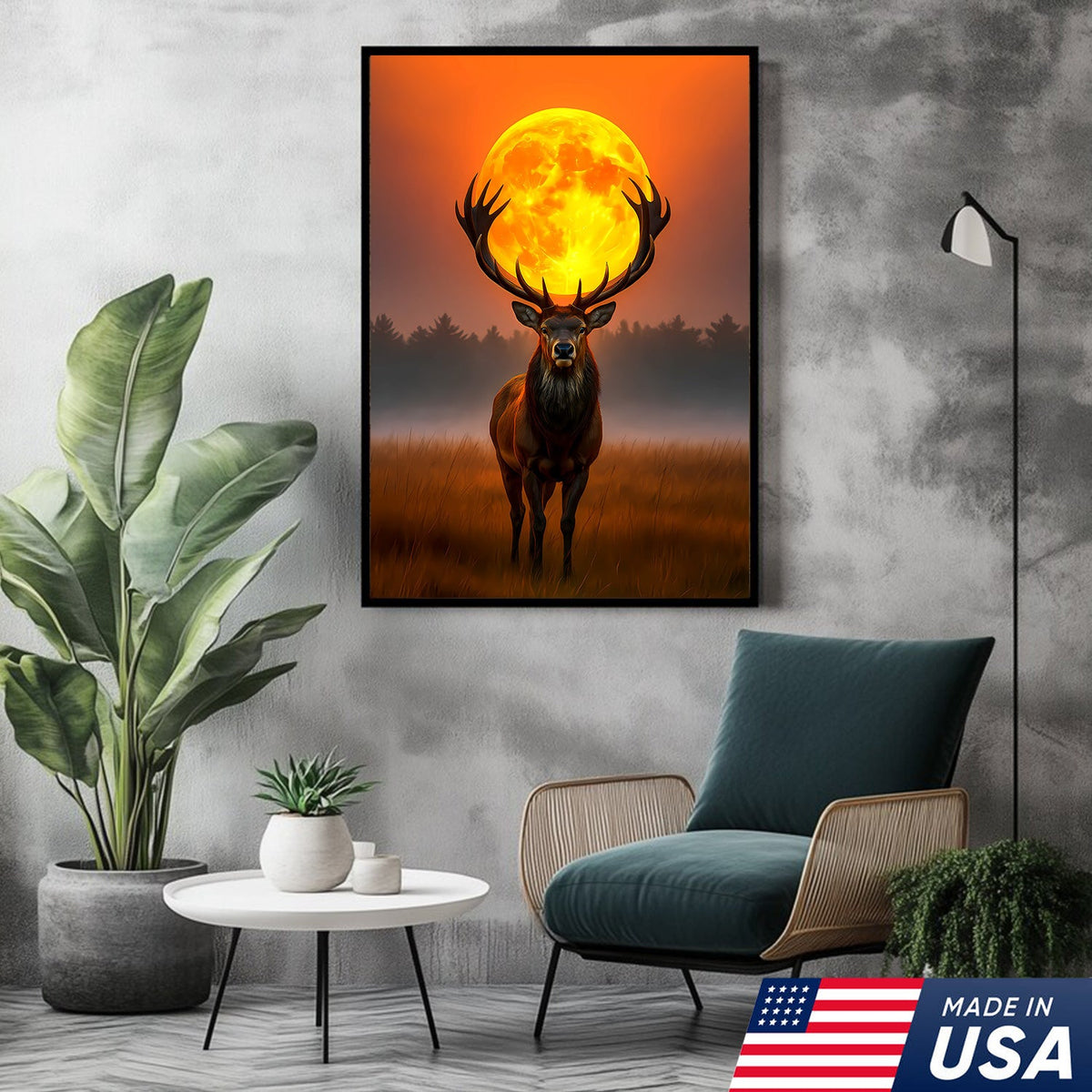Majestic Elk Full Moon Canvas Wall Art – Hunting Cabin Decor Gift for Hunters