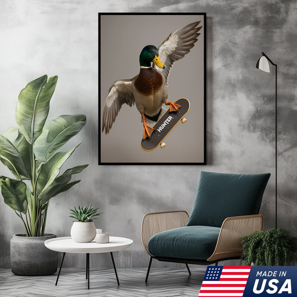 Funny Skater Duck Canvas, Cool Mallard Wall Art, Humorous Bird Lover Decor for Man Cave