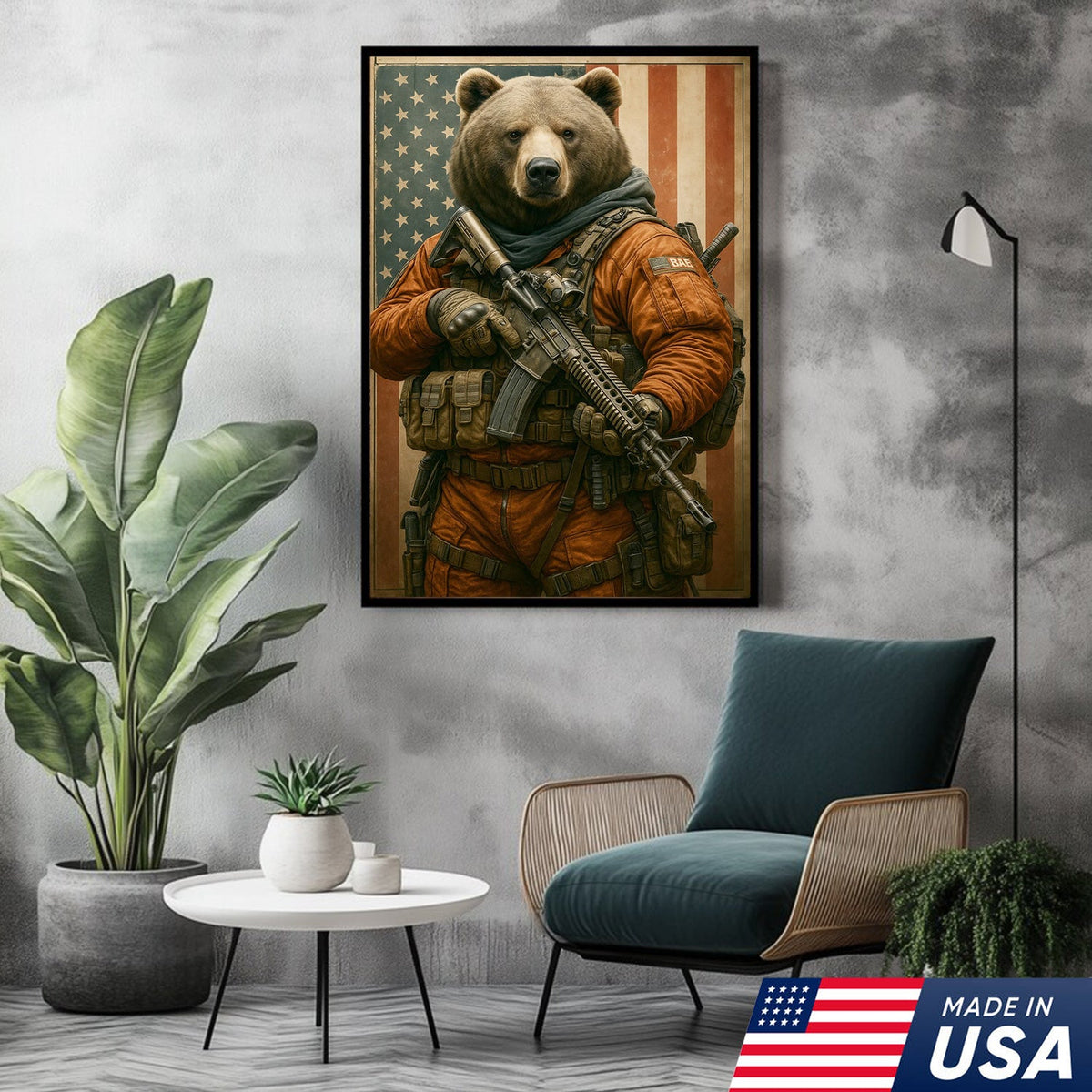 Patriotic Bear Soldier Wall Art Canvas, Tactical Military Animal with American Flag