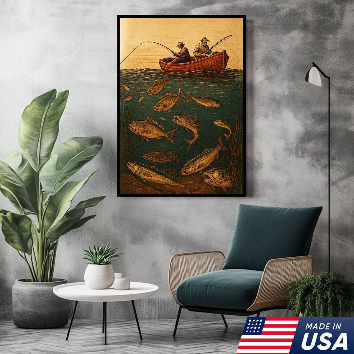 Vintage Fishermen Woodcut Wall Art – Retro Fishing Canvas Print