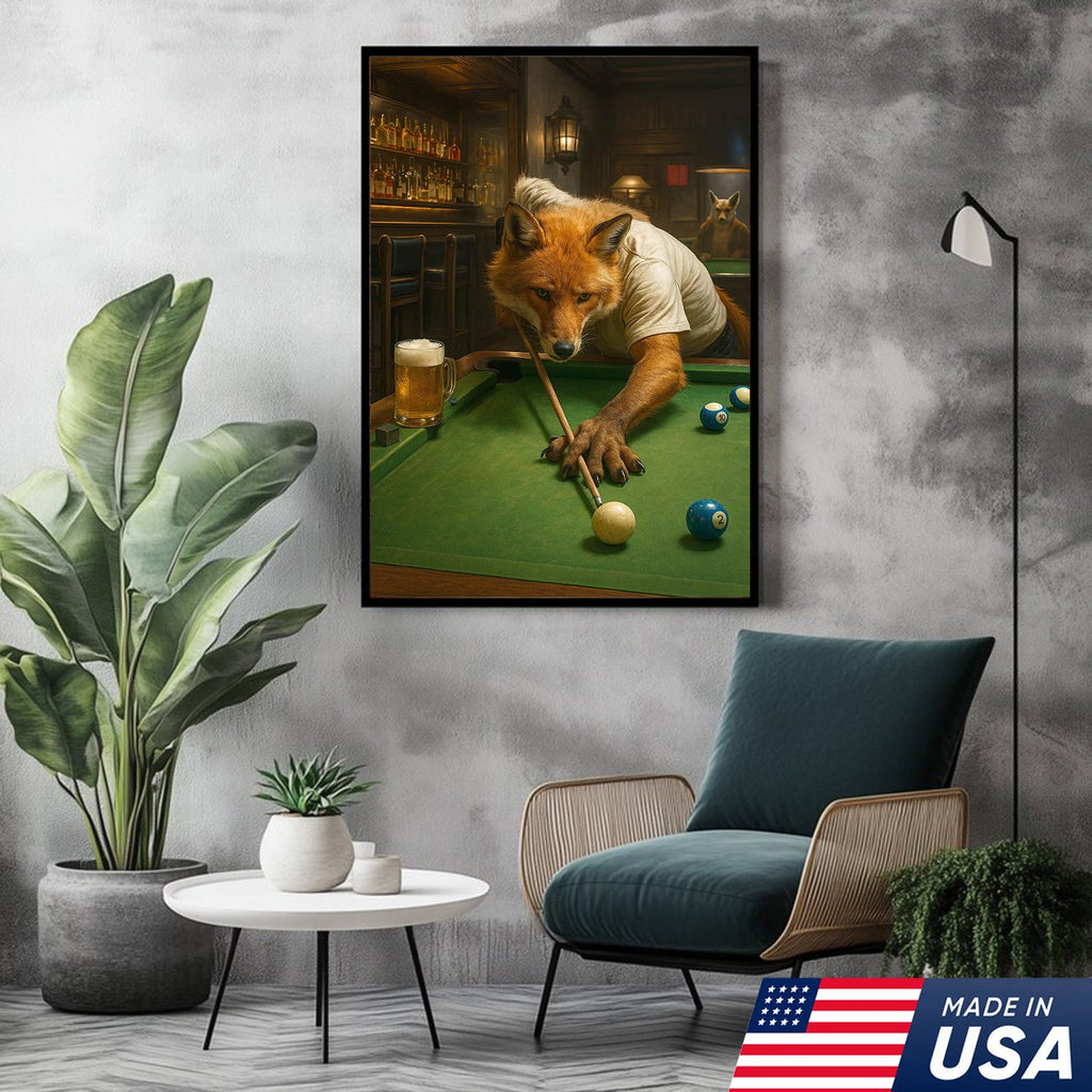 Fox Playing Pool Canvas Wall Art, Funny Billiards Room Decor, Game Room & Pool Hall Gift