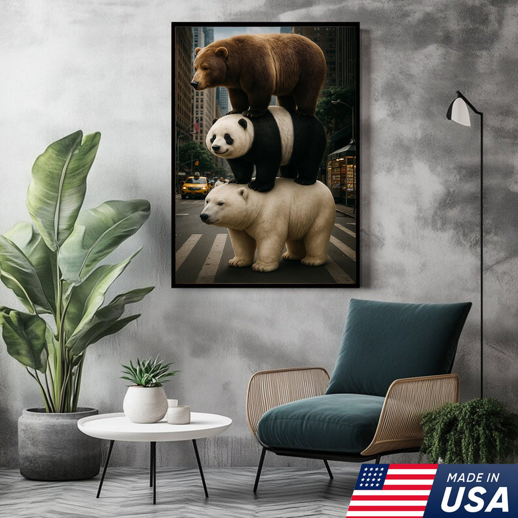 Bear Stack Canvas Wall Art, Cute Polar Panda Brown Bear in City Street Print