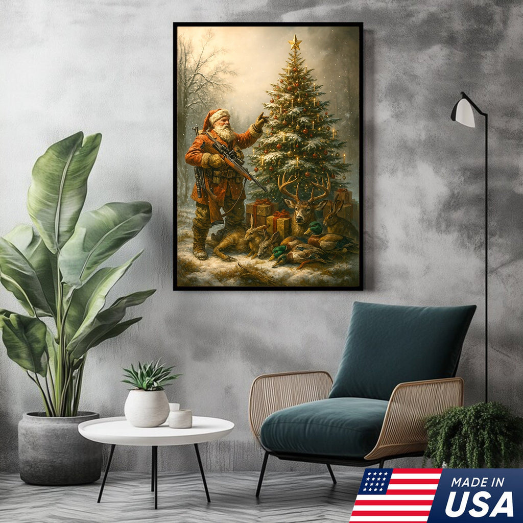 Santa Hunter Christmas Wall Art – Rustic Holiday Canvas for Cabin, Farmhouse & Hunter Decor
