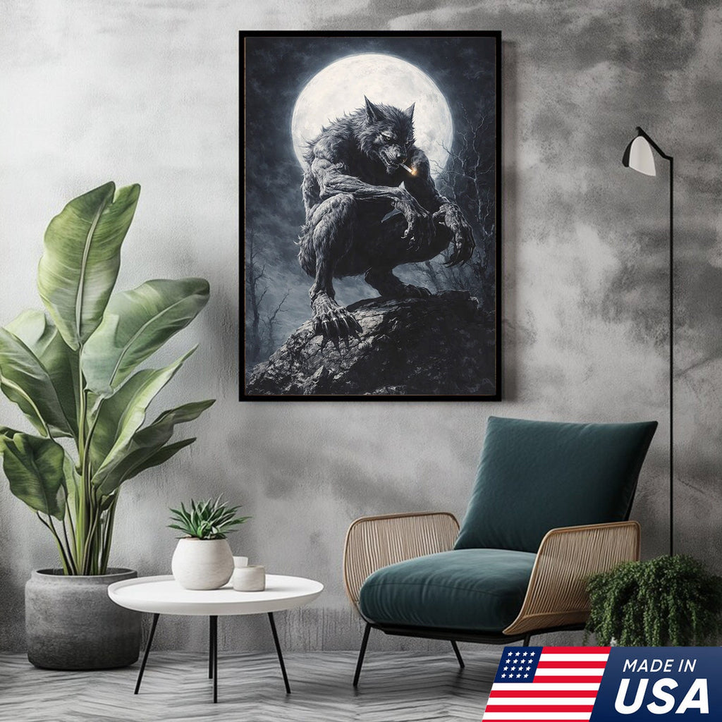 Dark Werewolf Moon Canvas Wall Art, Gothic Fantasy Wolf Illustration