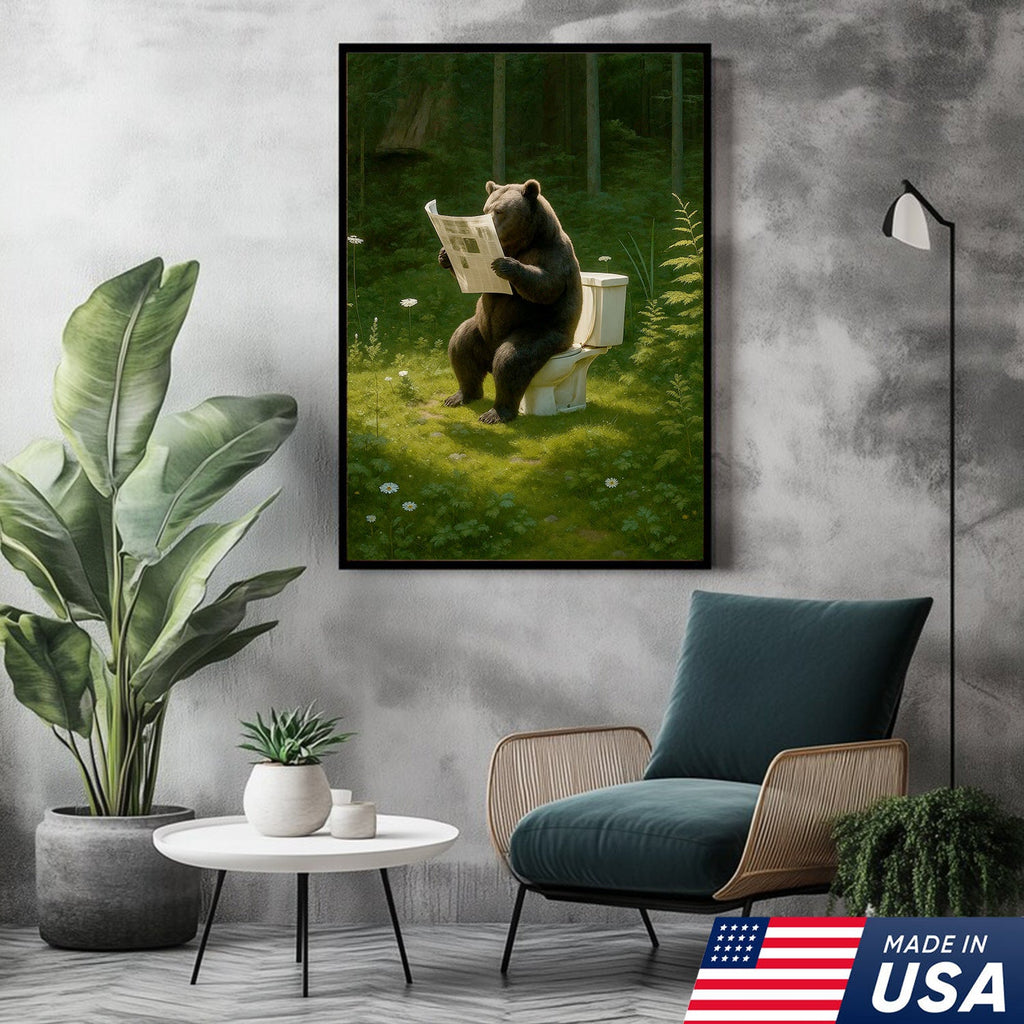 Bear on Toilet Reading Newspaper Canvas Wall Art, Funny Bathroom Decor for Cabin & Lodge