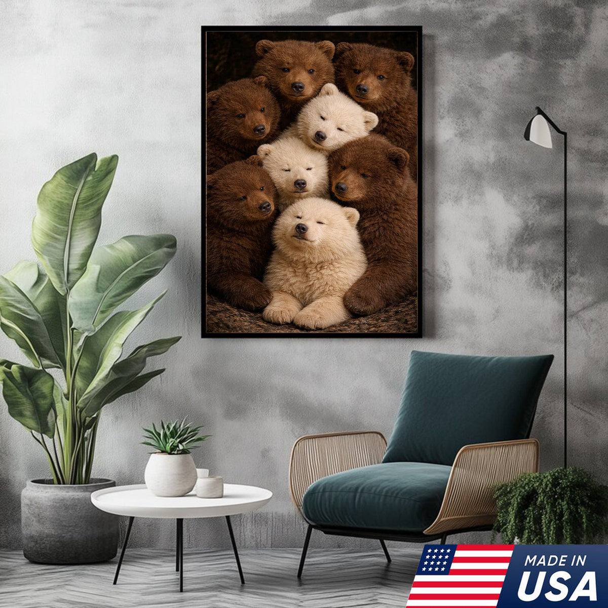 Cute Bear Cubs Canvas Wall Art, Brown and White Bear Family Portrait