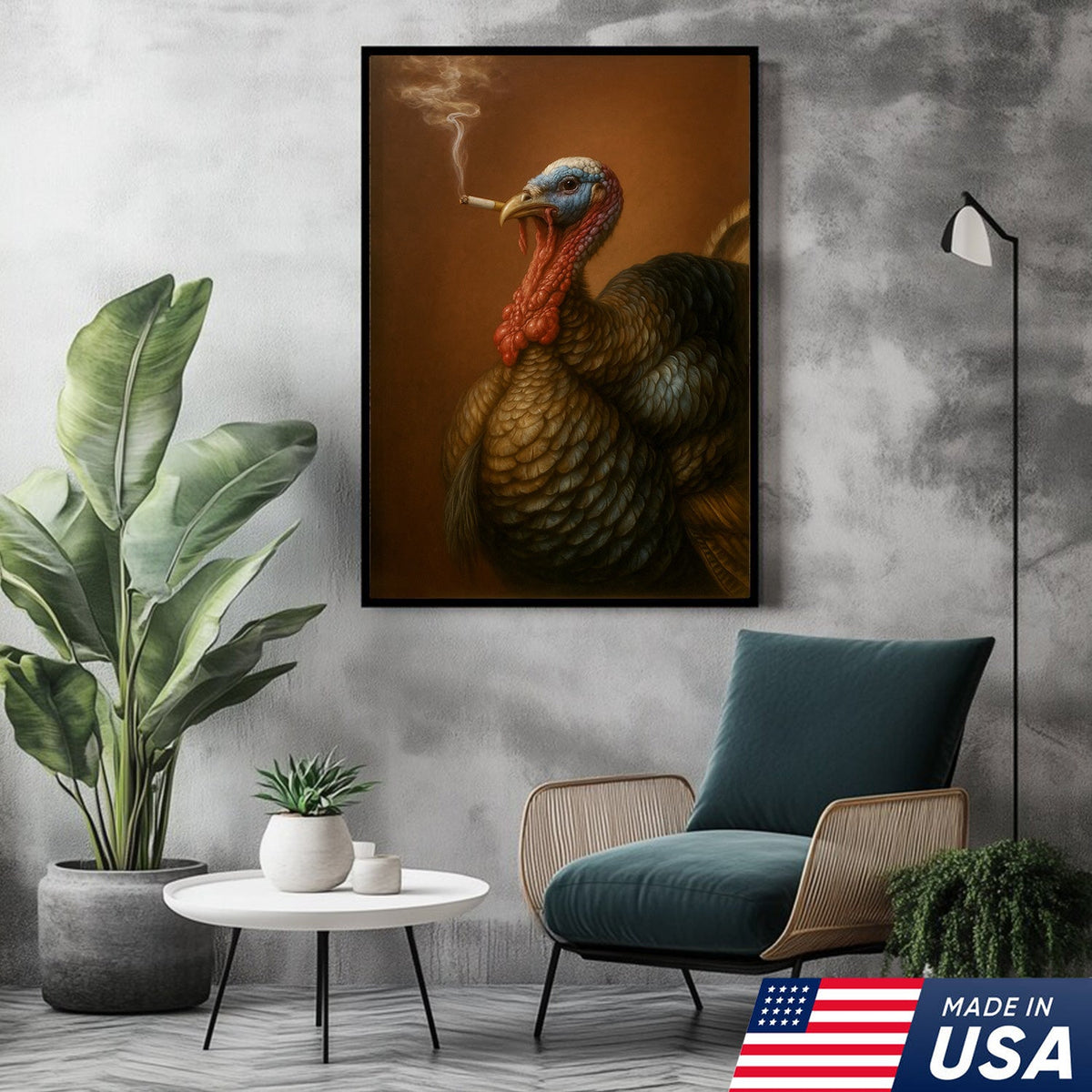 Funny Turkey Smoking Canvas Wall Art – Rustic Farmhouse Gift for Hunters & Wildlife Lovers