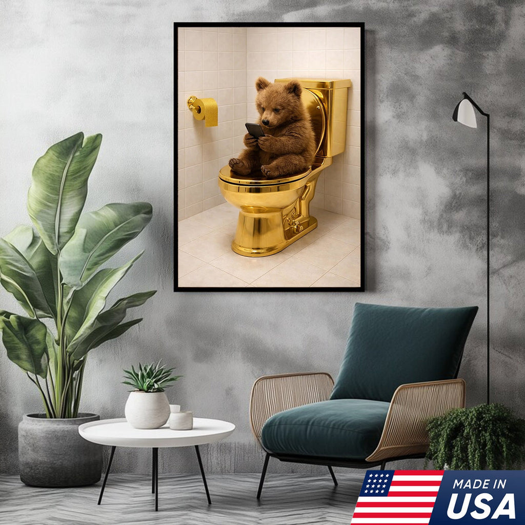 Funny Bear on Golden Toilet Canvas Wall Art, Cute Animal Bathroom Humor Illustration