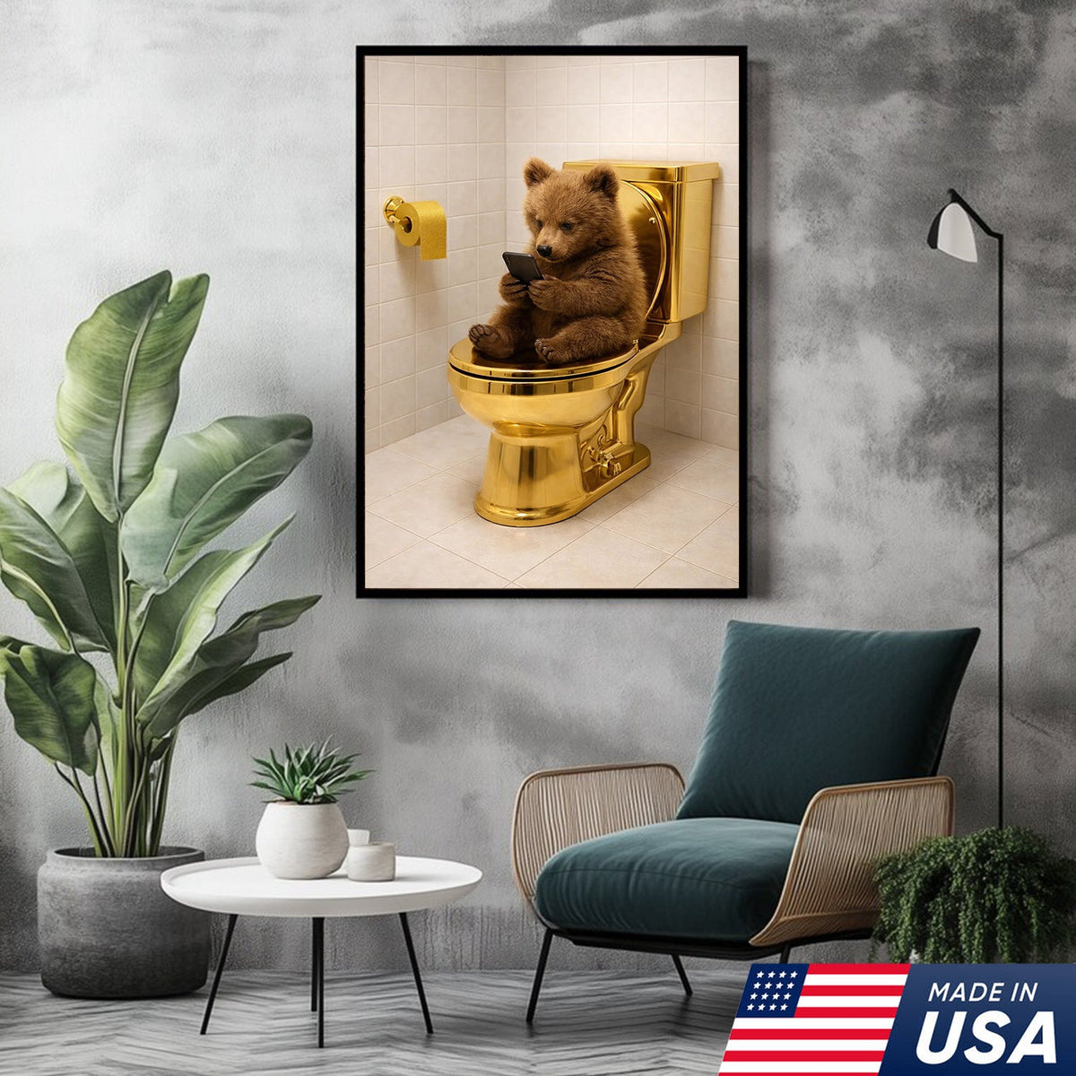 Funny Bear on Golden Toilet Canvas Wall Art, Cute Animal Bathroom Humor Illustration