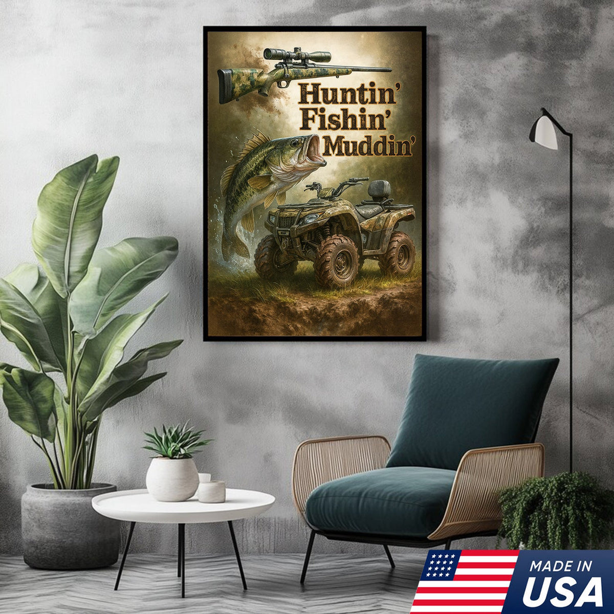 Huntin’ Fishin’ Muddin’ Canvas Wall Art, Deer Hunting and Fishing Decor for Men, Rustic ATV Cabin Artwork