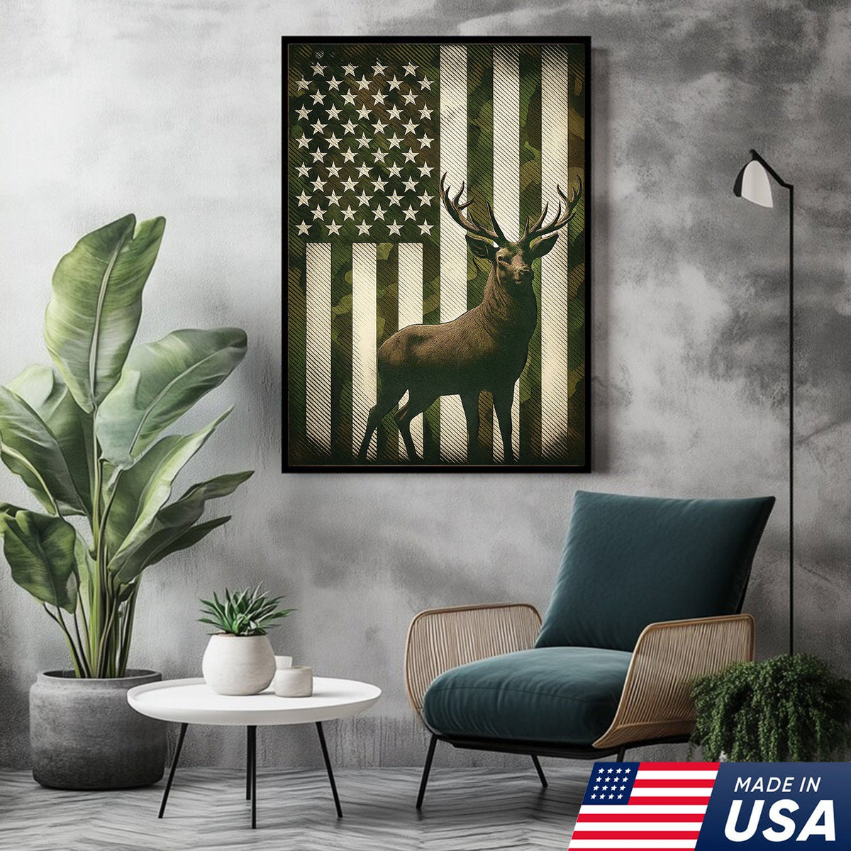 Patriotic Deer American Flag Canvas Wall Art, Camo USA Flag Buck Print