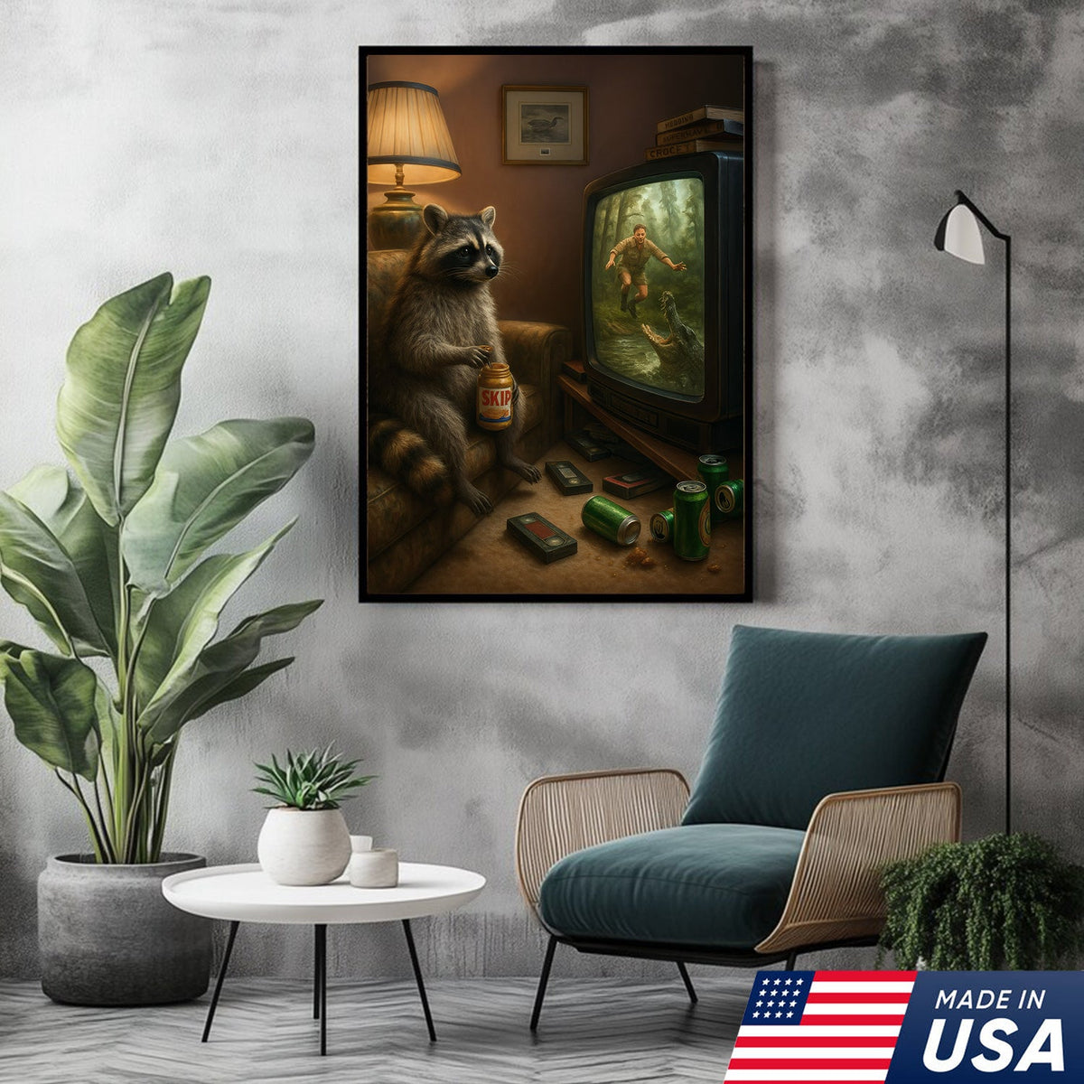 Funny Raccoon Watching TV Wall Art – Lazy Animal Painting, Wildlife Humor Canvas