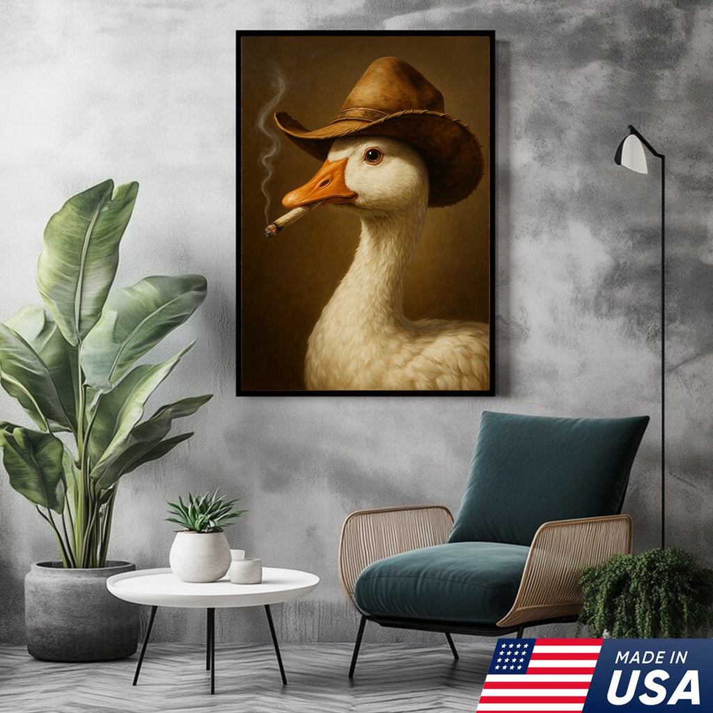 Cowboy Duck Canvas Wall Art – Funny Rustic Decor for Hunters & Man Cave