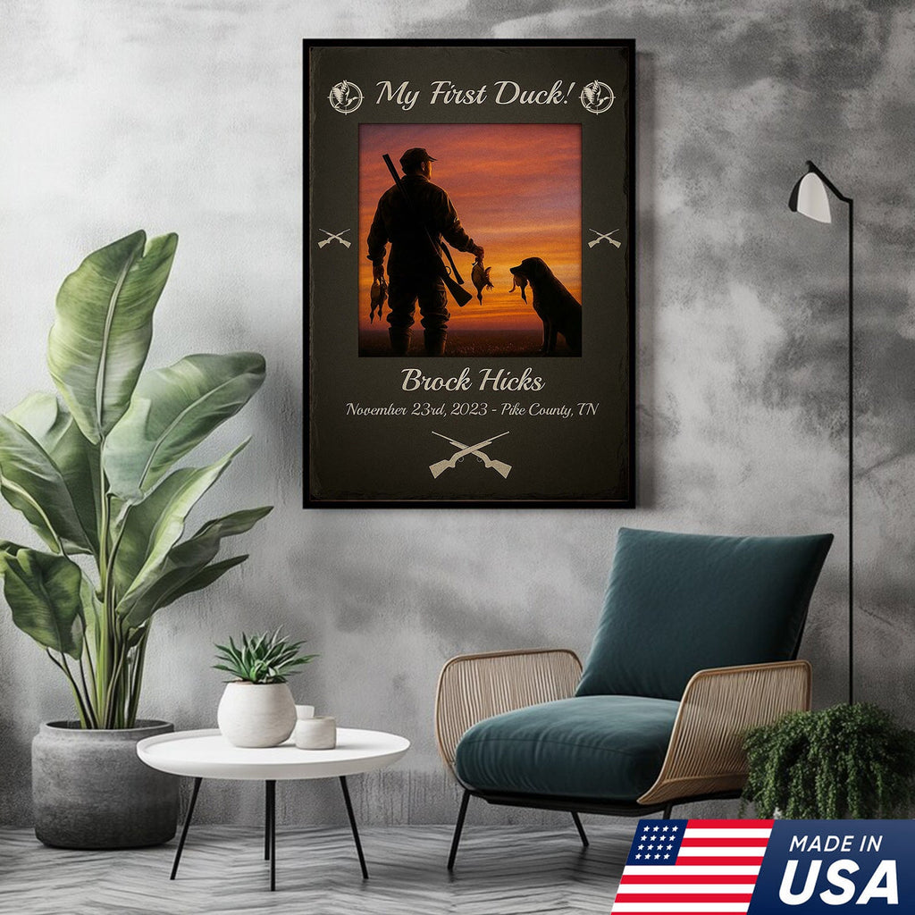 Custom My First Duck Wall Art Canvas, Personalized Duck Hunting Sunset with Dog