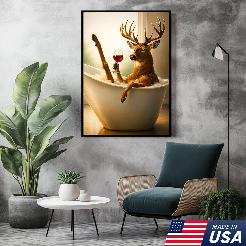 Relaxing Deer in Bathtub Funny Wall Art – Unique Gift for Hunters, Rustic Cabin Decor Canvas