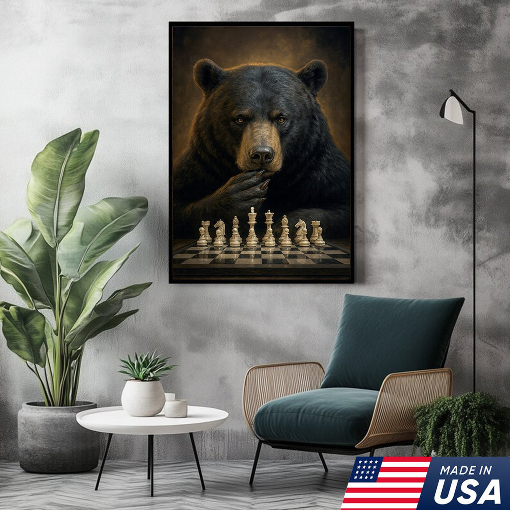 Chess Master Bear Wall Art Canvas – Strategic Bear Canvas Print for Man Cave & Smart Decor