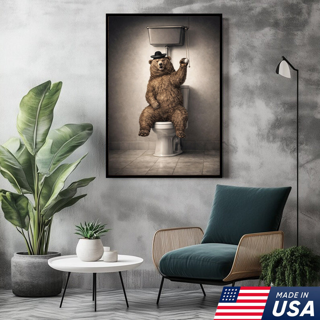 Funny Bear Bathroom Canvas Wall Art – Bear On Toilet Painting
