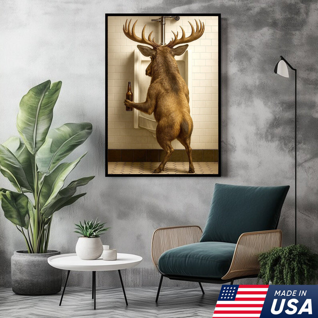 Funny Elk Canvas Wall Art - Rustic Bathroom Lodge Decor for Hunters - Unique Wildlife Cabin Print