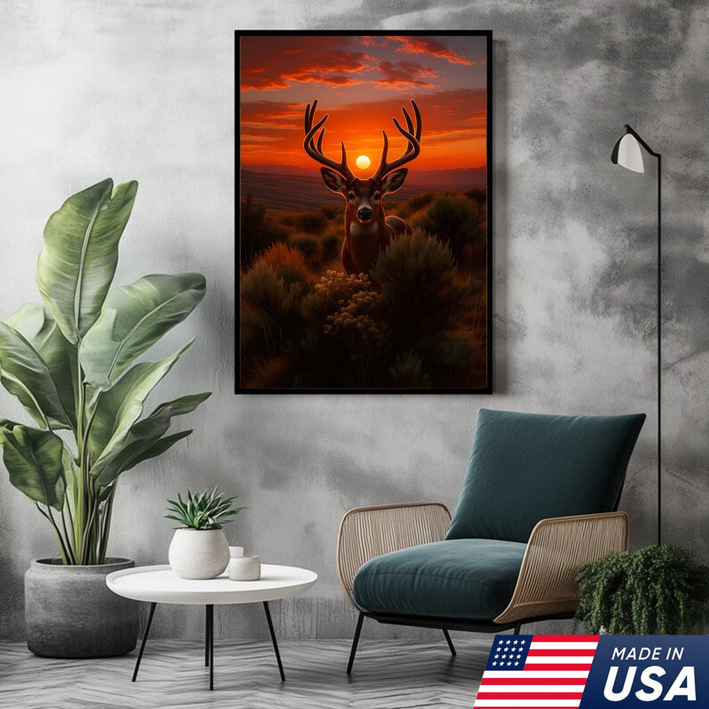 Deer Sunset Canvas Wall Art, Majestic Buck Silhouette in Orange Sky