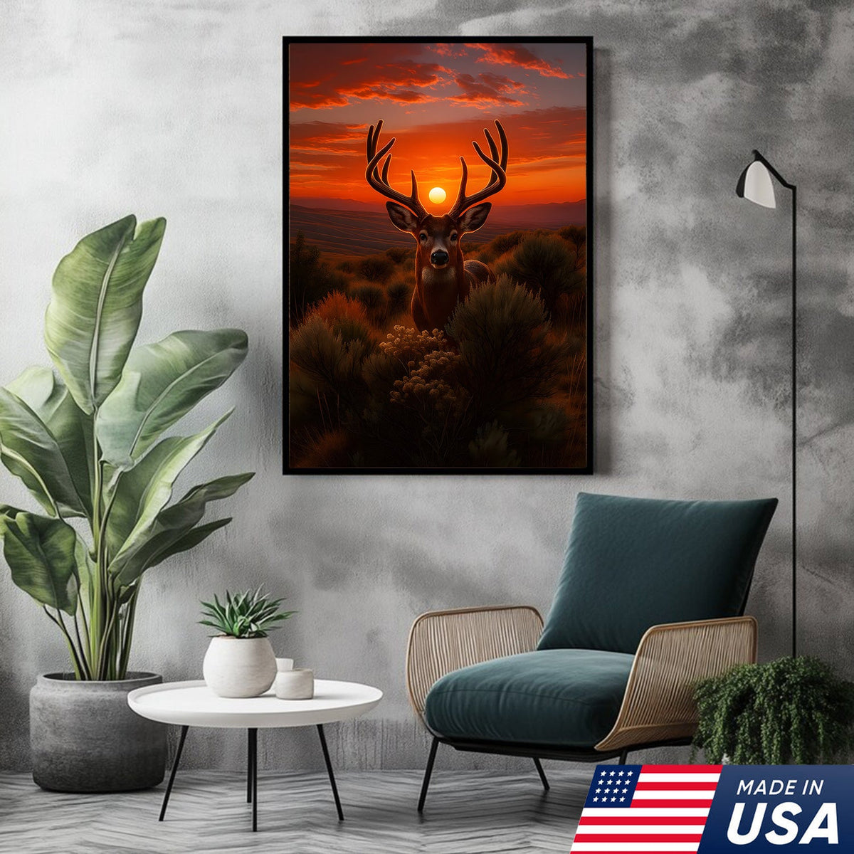 Deer Sunset Canvas Wall Art, Majestic Buck Silhouette in Orange Sky