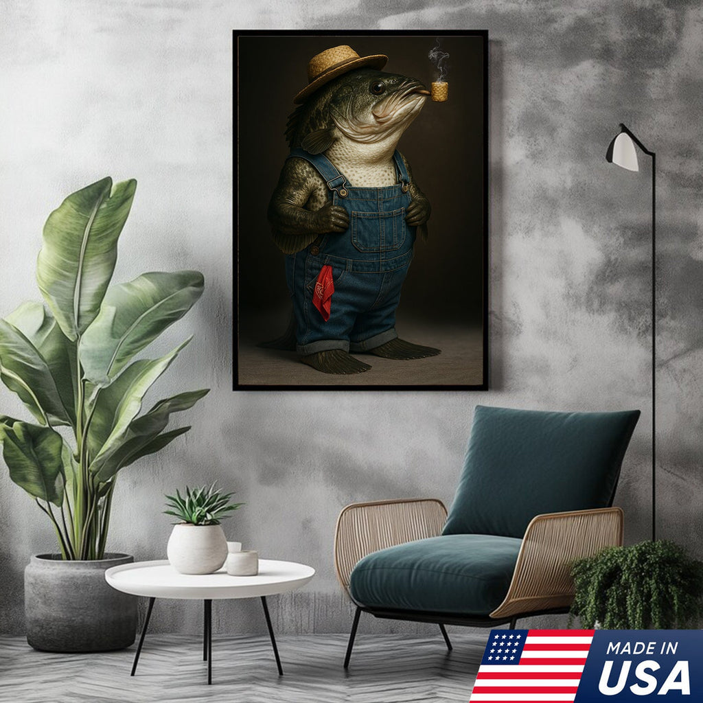 Funny Fisherman Bass Canvas, Rustic Fishing Wall Art, Humorous Country Fish Lover Decor