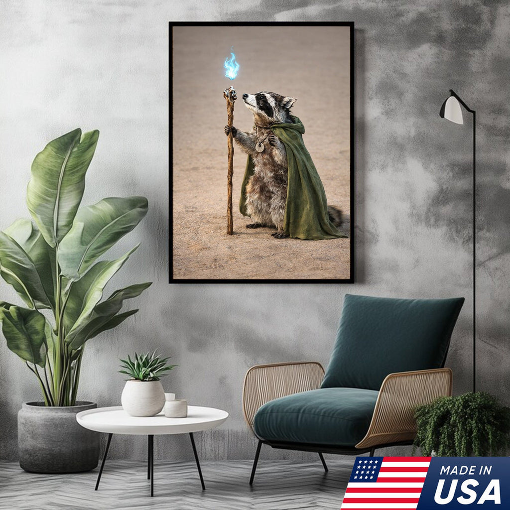Wizard Raccoon Wall Art Canvas Print, Fantasy Animal Magic Illustration