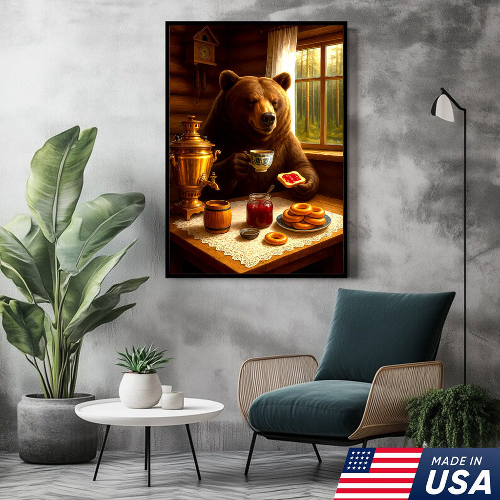 Relaxed Bear Having Tea Canvas Wall Art – Rustic Decor Funny Cozy Animal Canvas Art