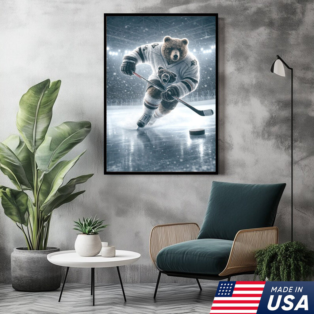 Epic Bear Ice Hockey Canvas Wall Art – Realistic Animal Athlete Print