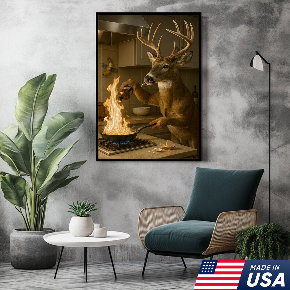 Funny Deer Cooking Canvas, Hilarious Buck Chef Wall Art, Rustic Humor Decor for Cabin