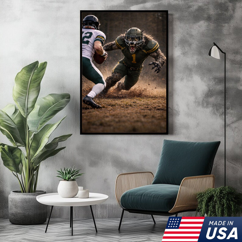 Fierce Wolf Football Canvas Wall Art – Intense Stadium Tackle Sports Print
