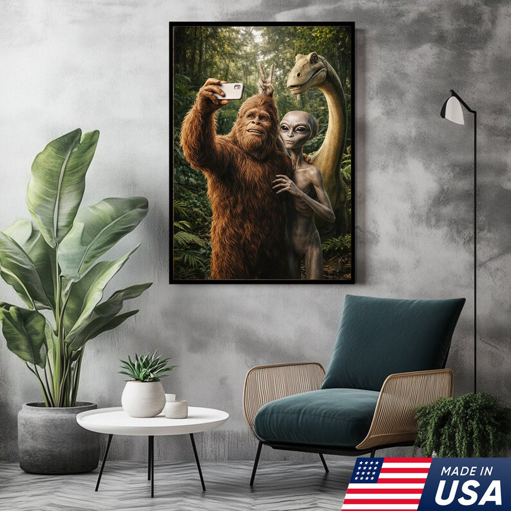 Funny Bigfoot Alien Dinosaur Selfie Canvas Wall Art, Whimsical Fantasy Creature Humor Print
