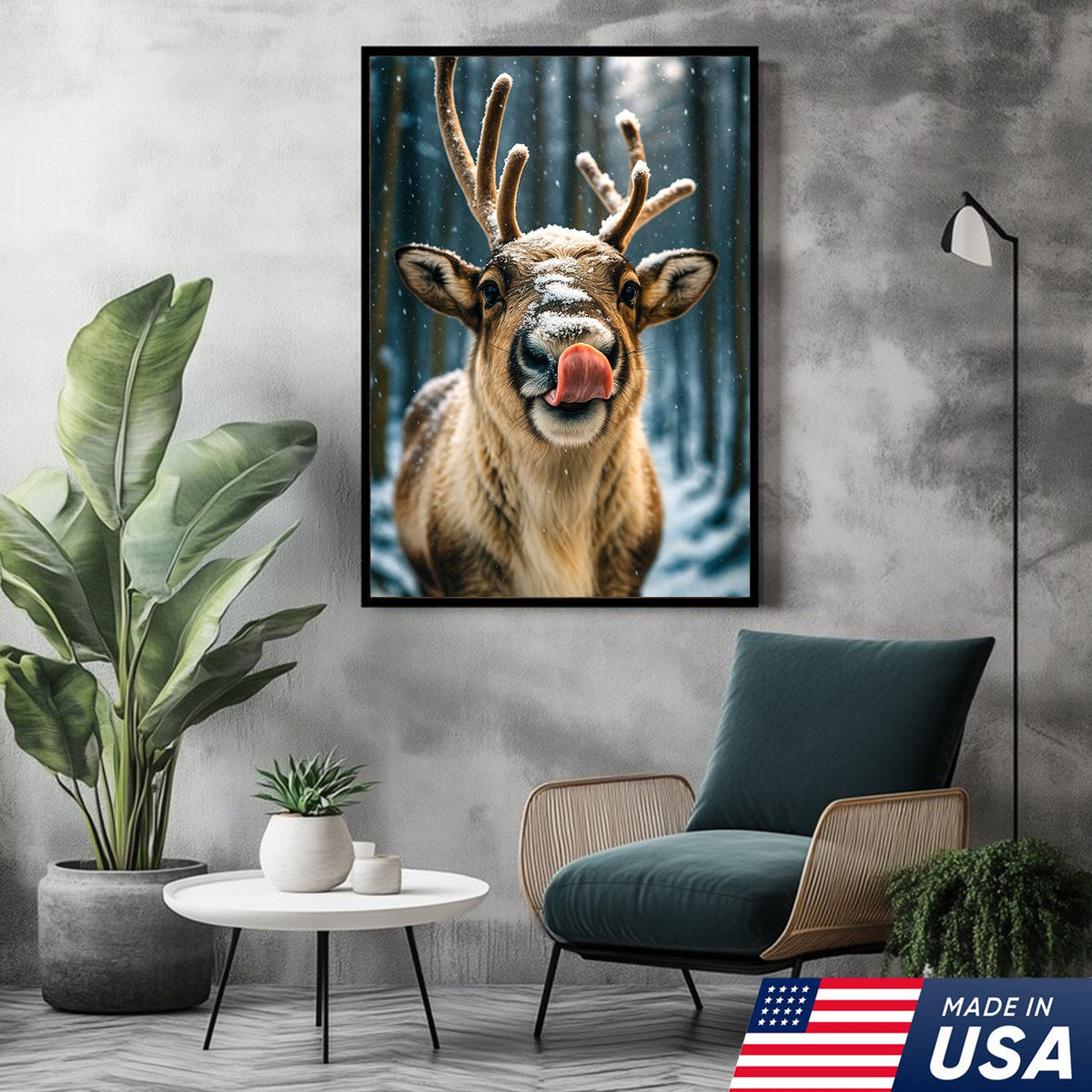 Winter Reindeer Portrait Canvas – Rustic Forest Wall Art for Cabin & Lodge Decor