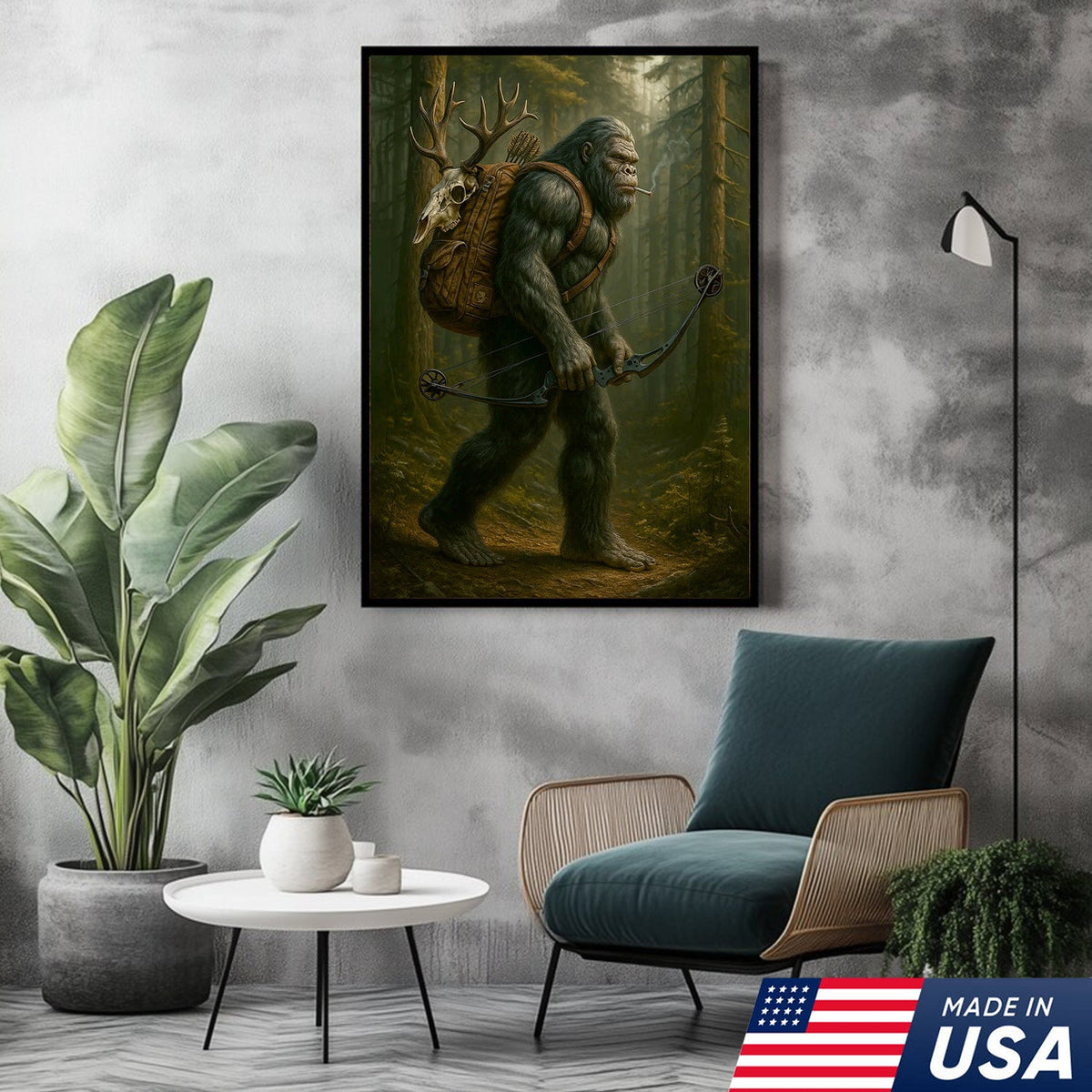 Bigfoot Hunter Canvas, Forest Archery Wall Art, Rustic Woodland Decor for Outdoor Adventure Lovers