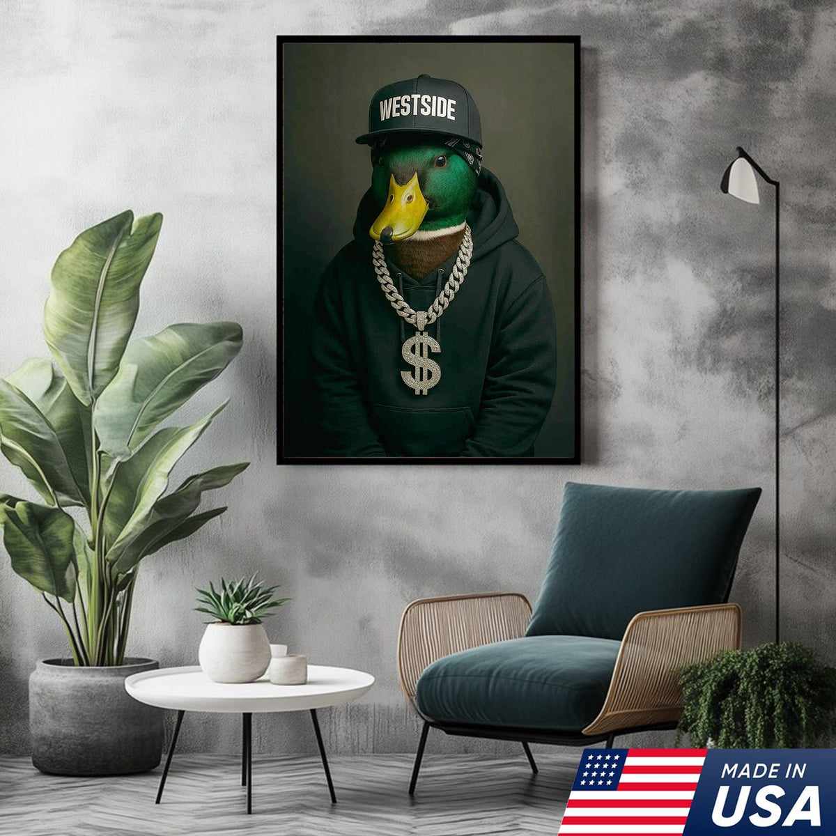 Gangster Duck Canvas Wall Art – Funny Animal Portrait, Hip Hop Duck Decor