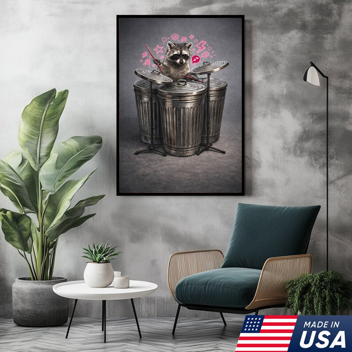 Funny Drummer Raccoon Wall Art Canvas Print, Music Lover Animal Illustration
