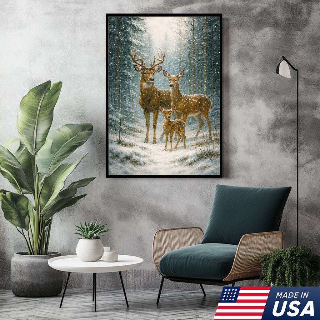 Deer Family Winter Forest Wall Art Canvas – Christmas Wildlife Gift for Nature Lovers & Cabin Homes
